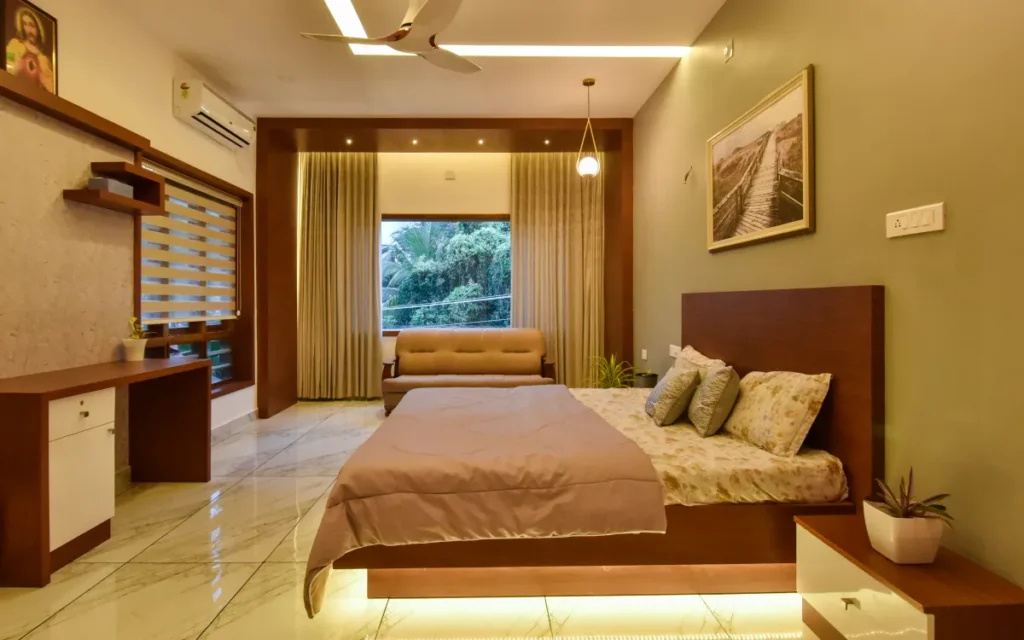Spacious master bedroom with window seating and soft lighting – Avanti Residence, Thrissur